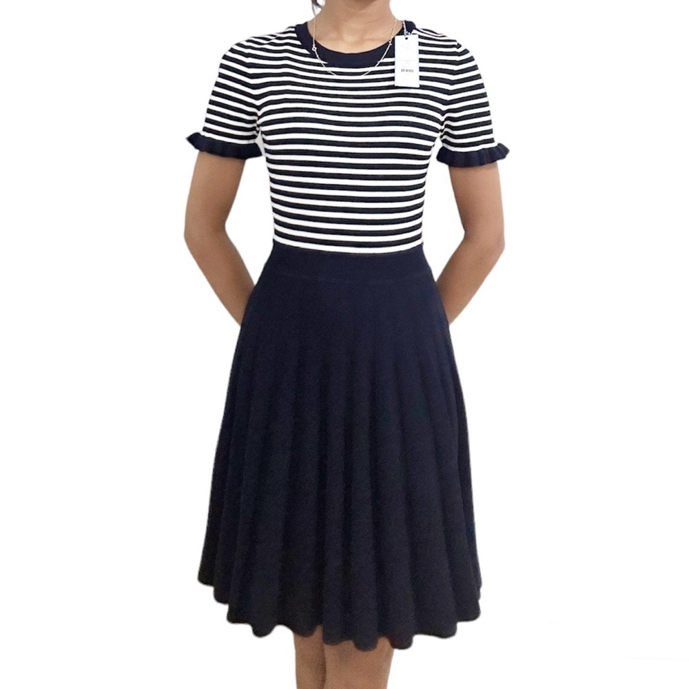 BRAND NEW Crew Neck Sweater Dress in Navy Blue. Fitted top, pleated skirt.
